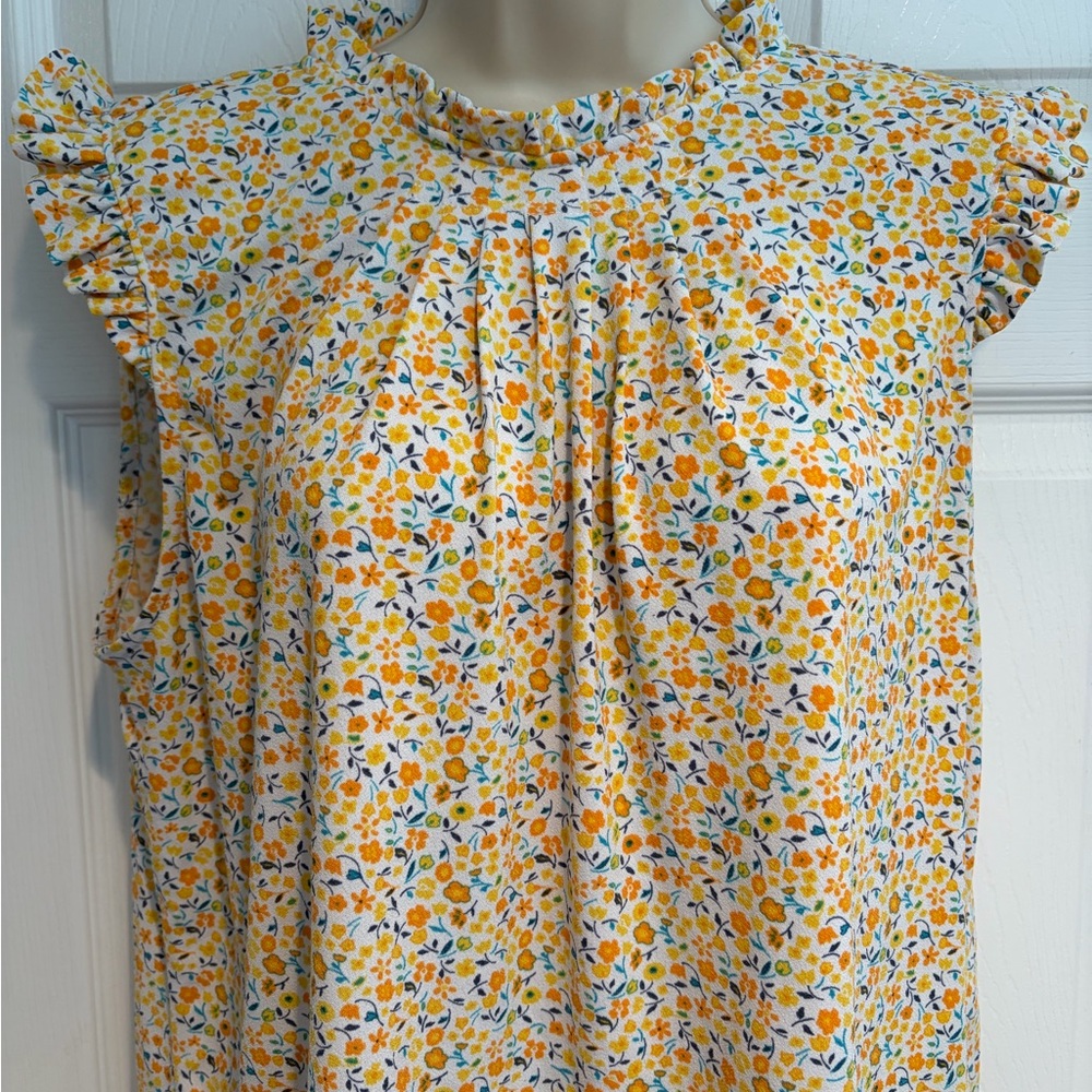 Adrianna Papell Yellow & Green Floral Ruffle Blouse